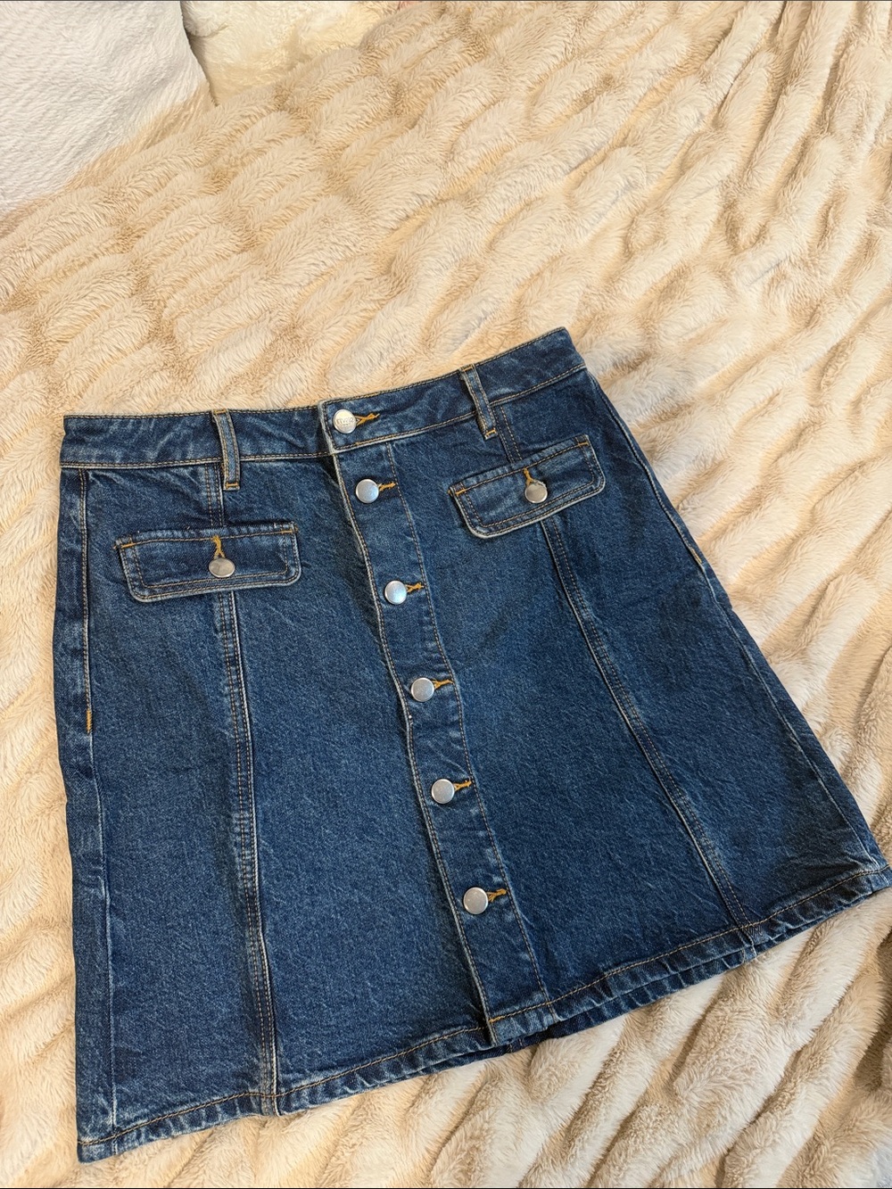 LOFT Dark Blue Denim Button-Front A-Line Skirt with Flap Pockets